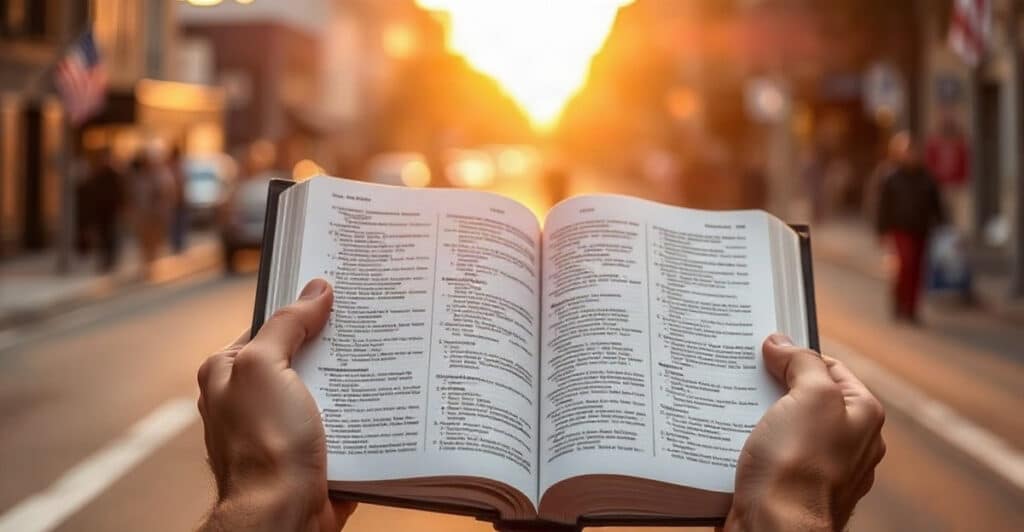Biblia abierta en las manos al aire libre, ilustrando compartir el evangelio