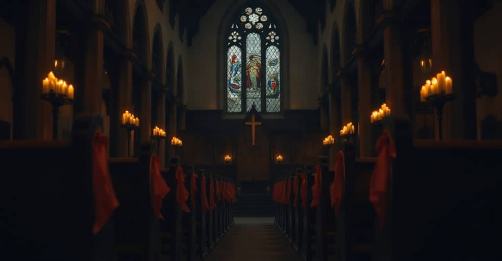 Santuario iluminado con velas de noche, preparado para una vigilia de oración