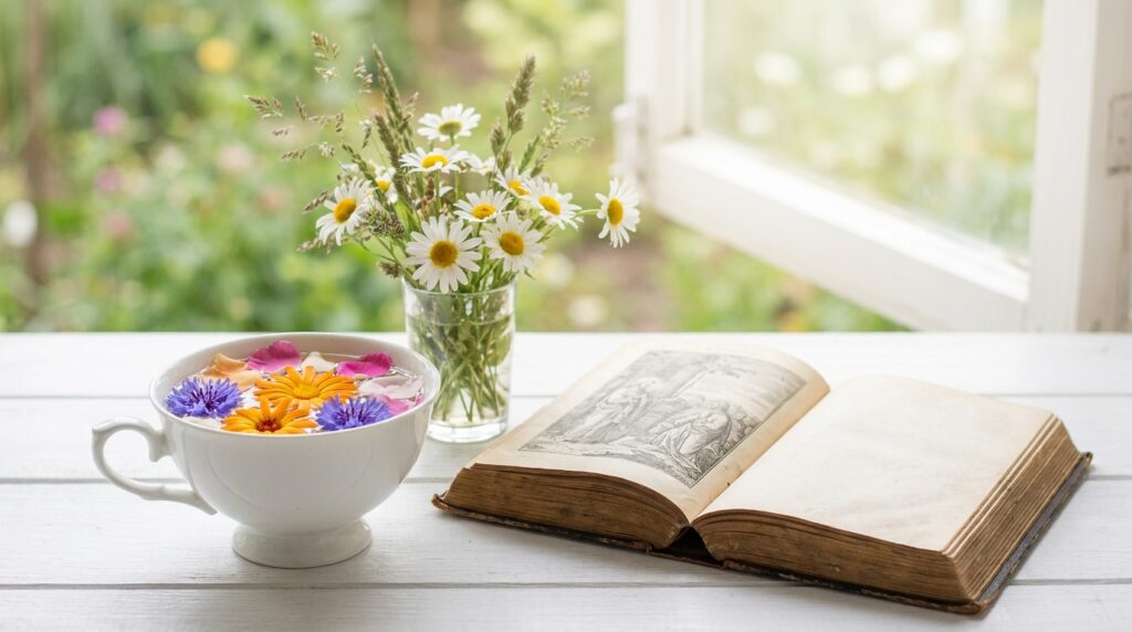 Bendiciones para hoy: taza blanca con pétalos, flores y Biblia en la mañana