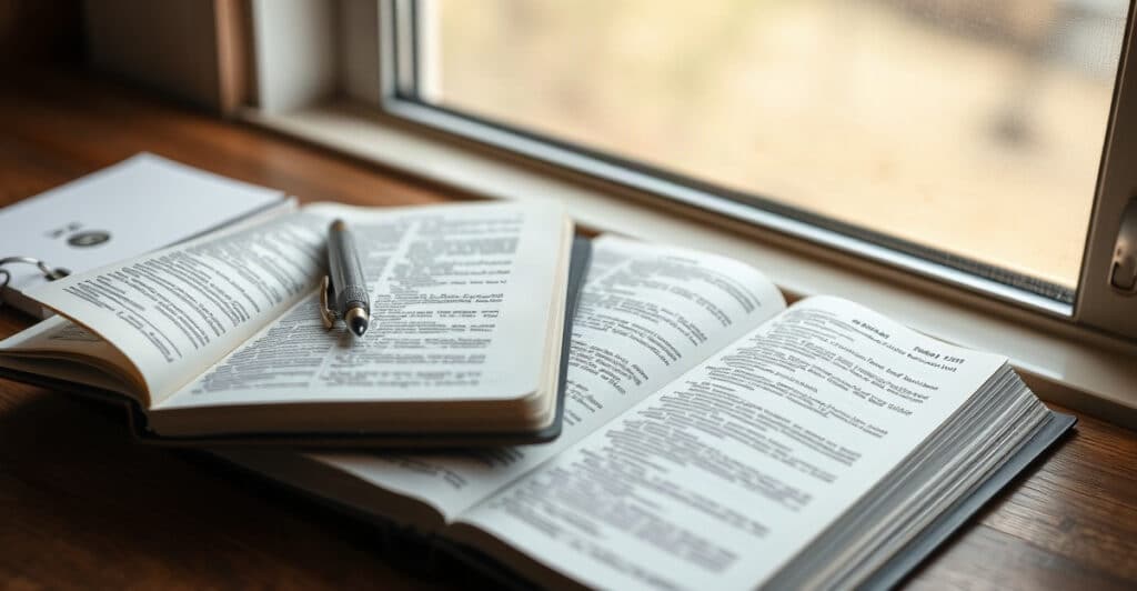 Cuaderno con una pluma y una Biblia abierta sobre un escritorio junto a una ventana