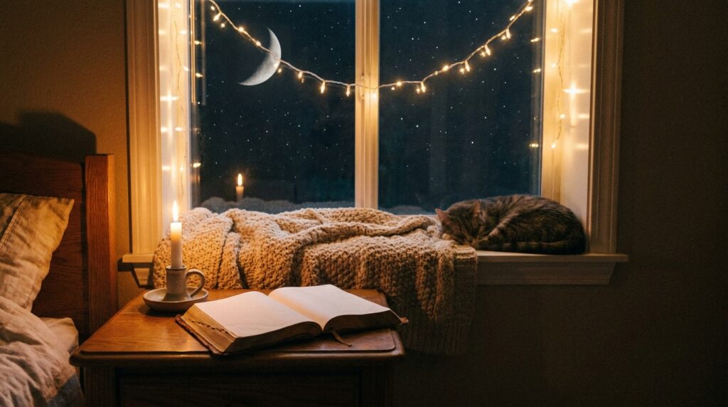 Buenas noches con bendiciones: habitación tranquila de noche con Biblia y vela