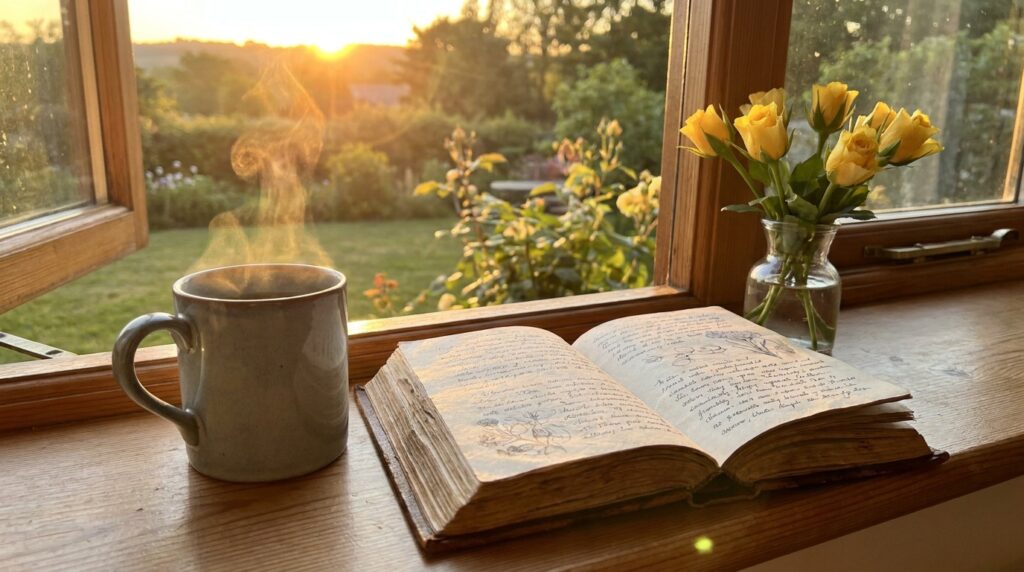 Buenos días con bendiciones: café, Biblia abierta y rosas al amanecer
