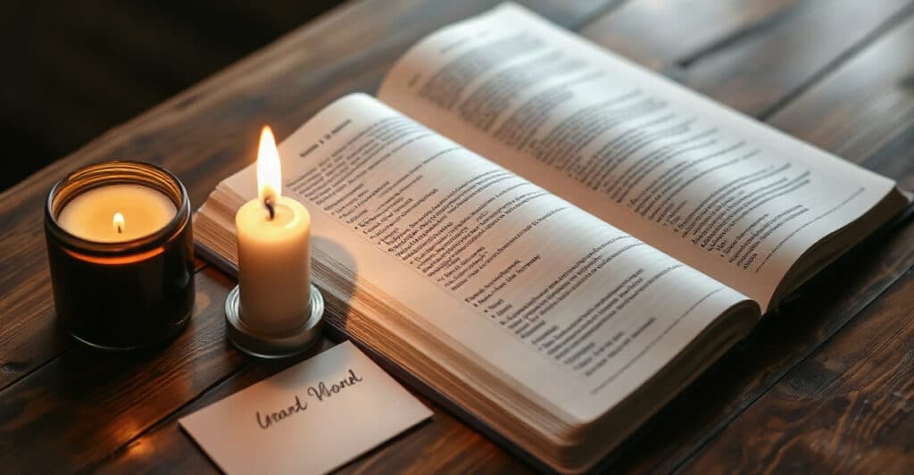 Una vela encendida junto a una Biblia abierta y una tarjeta escrita a mano