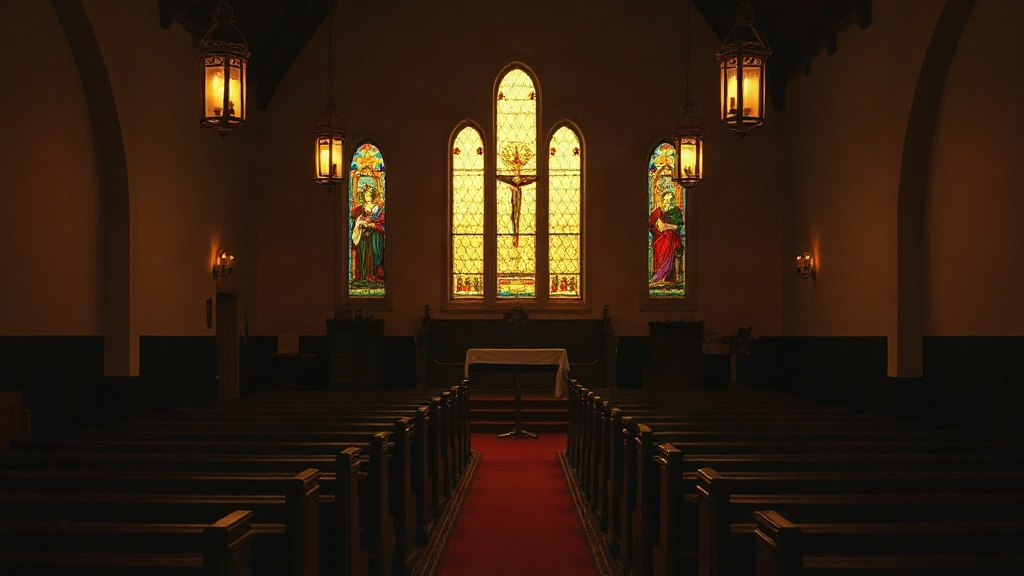 Interior de un templo de noche, vigilia de oración cristiana
