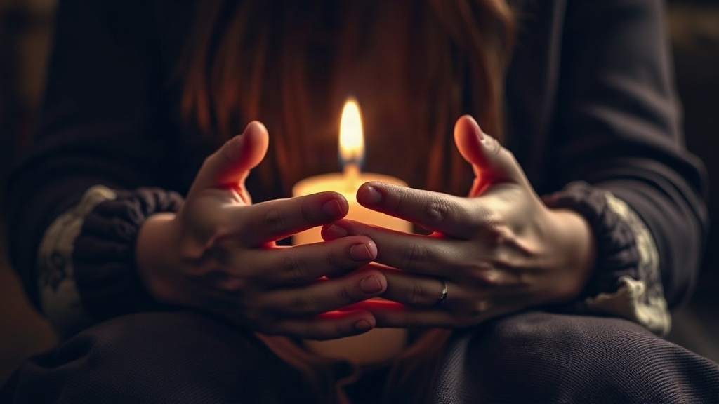 Manos juntas en oración durante una vigilia nocturna