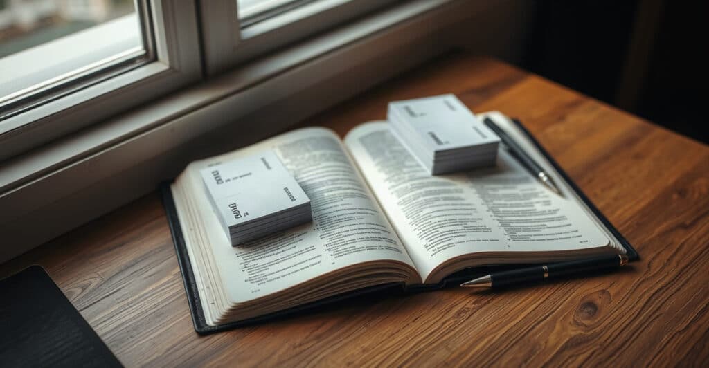 Biblia abierta y fichas con una pluma sobre un escritorio junto a una ventana