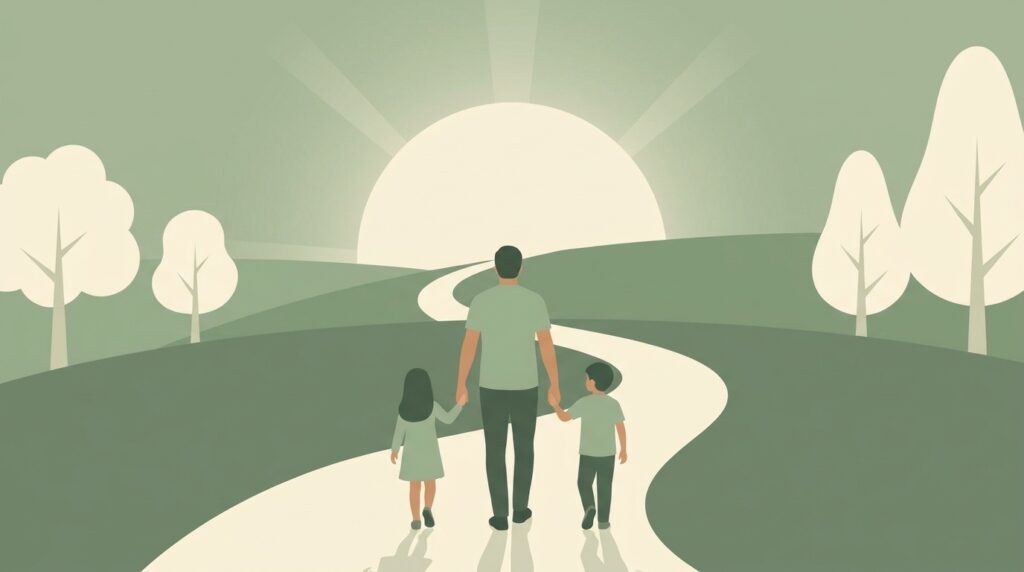 Criar como Jesús: ilustración de padre e hijos caminando juntos
