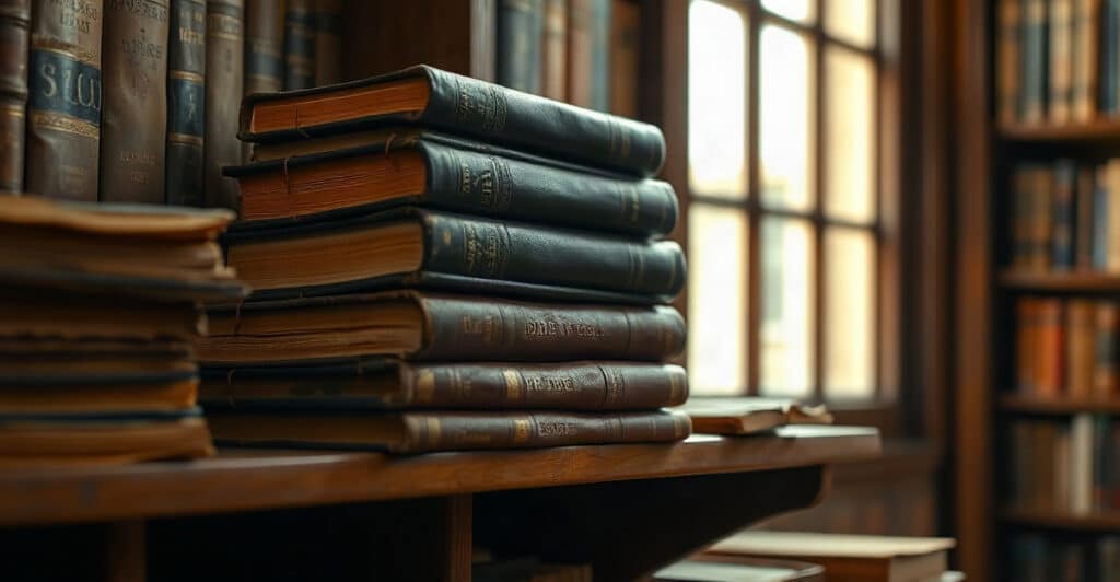 Pila de Biblias y libros antiguos en un estante, luz cálida de biblioteca