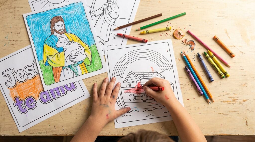 Dibujos cristianos para colorear impresos sobre una mesa con crayones