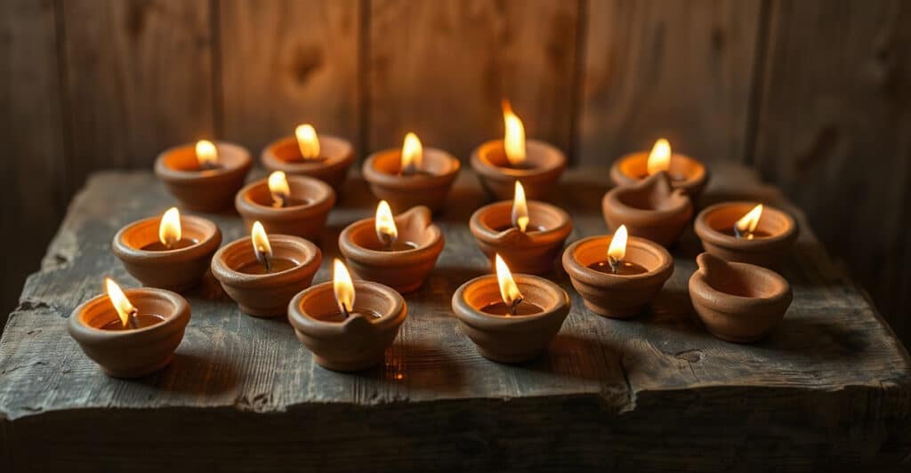 Doce pequeñas lámparas de aceite de barro sobre una mesa de madera rústica