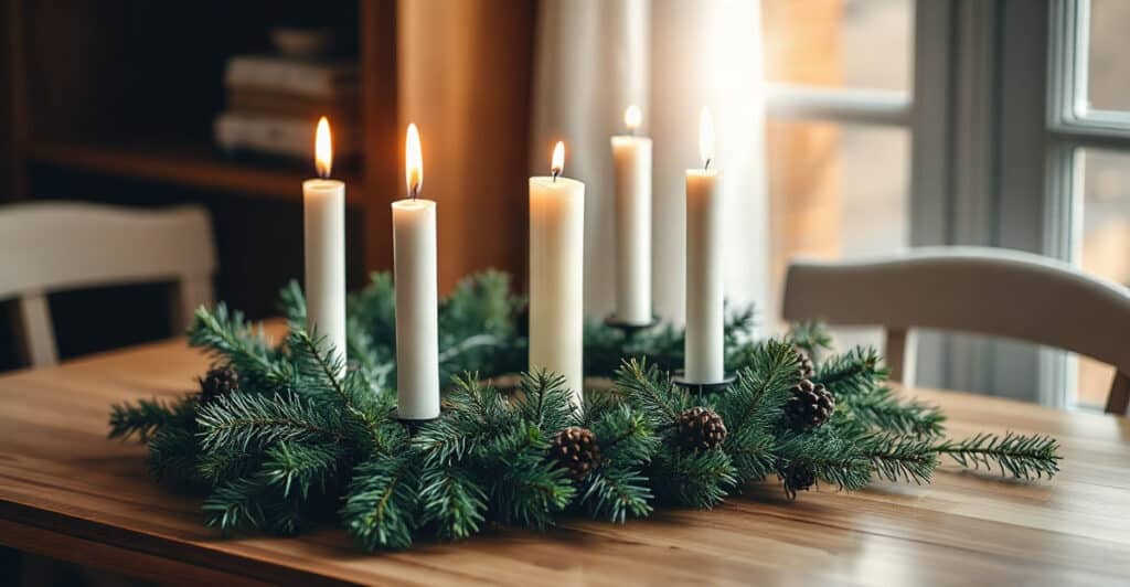 Corona de Adviento con cuatro velas y una vela blanca sobre una mesa de madera
