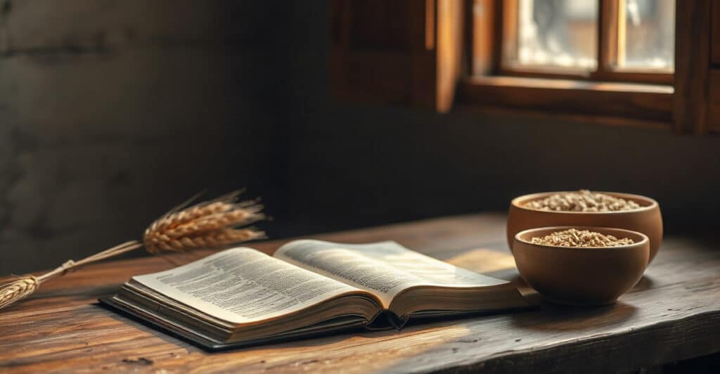 Biblia abierta junto a trigo y un cuenco con grano, ilustrando el diezmo en la Biblia