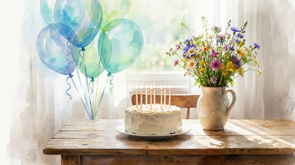 Feliz cumpleaños bendecido: pastel, globos en acuarela y flores para celebrar