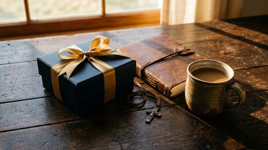 Feliz cumpleaños hombre de Dios: regalo azul con dorado y diario de cuero