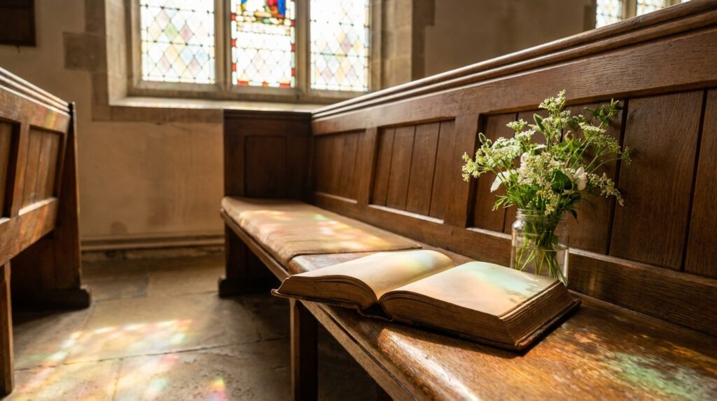 Feliz domingo bendiciones: Biblia abierta en la iglesia con luz de vitral