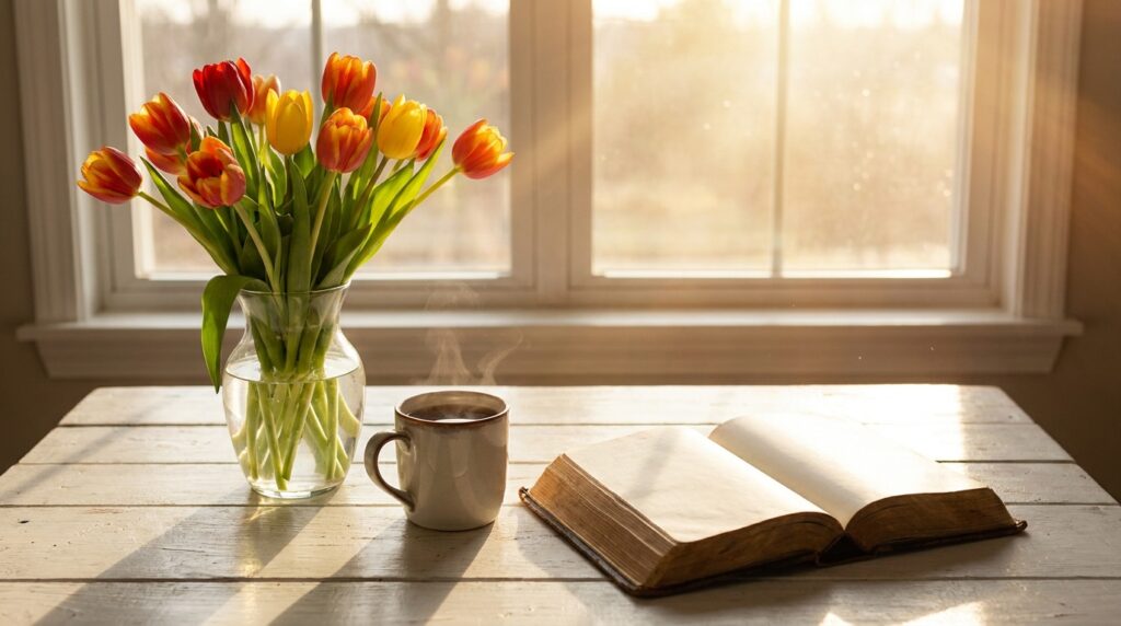 Feliz jueves bendiciones: tulipanes, café y Biblia con luz radiante