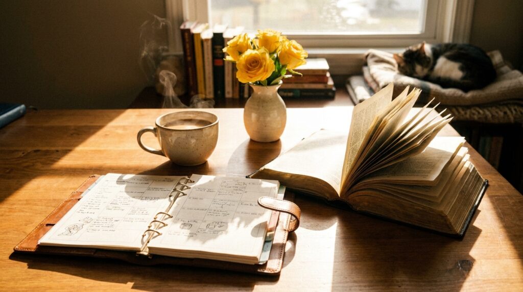 Feliz lunes bendiciones: café, agenda y Biblia en la mañana