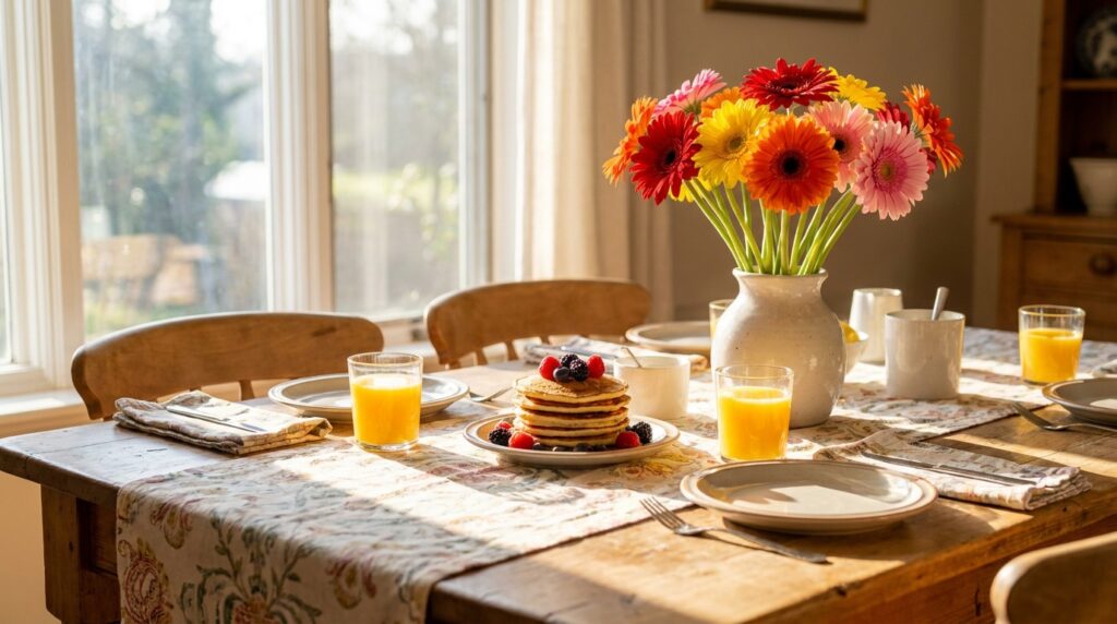 Feliz viernes bendiciones: desayuno alegre y flores para cerrar la semana