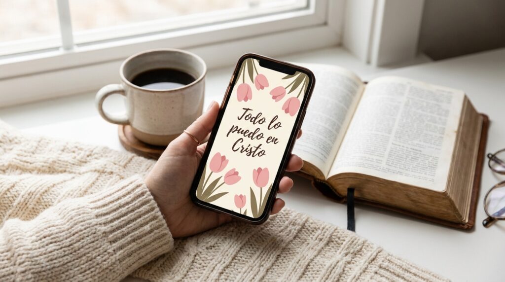 Fondos de pantalla cristianos en un teléfono junto a una Biblia abierta