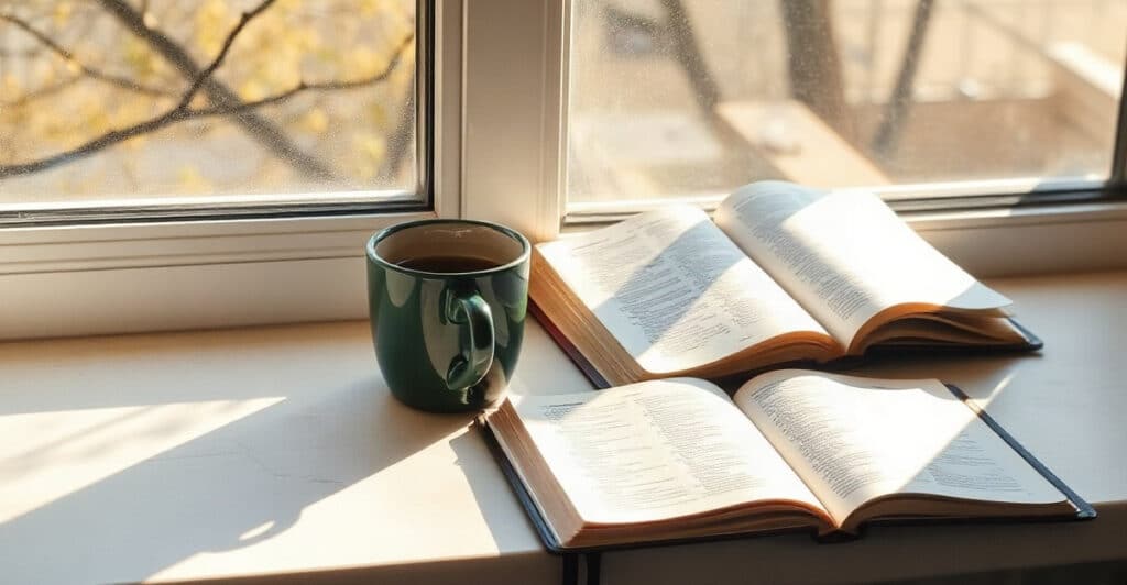 Una taza de café, un cuaderno abierto y una Biblia en una ventana con sol