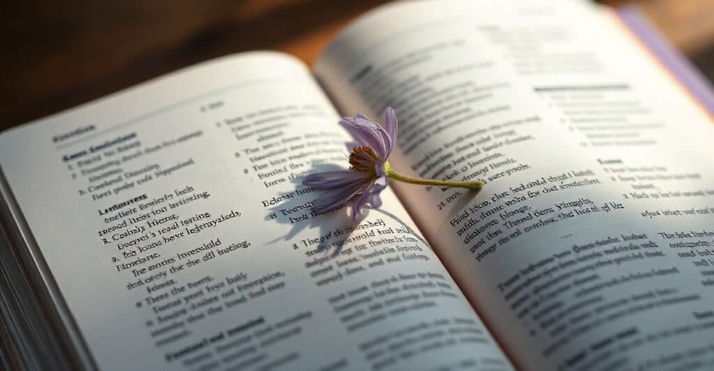 Primer plano de una Biblia abierta con una flor silvestre sobre la página