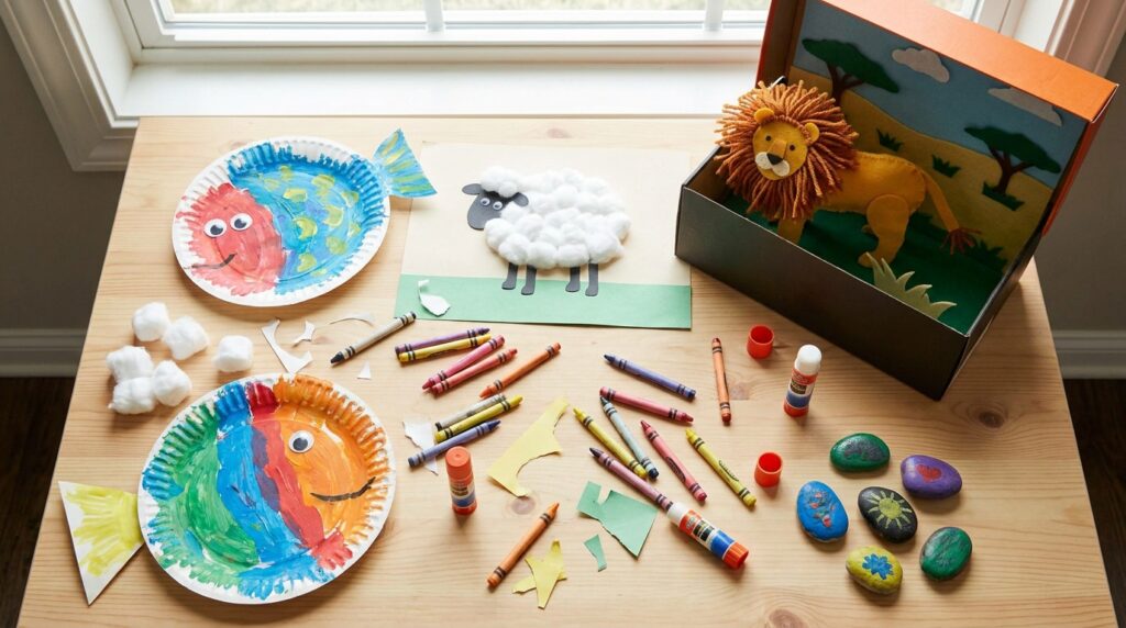 Historias bíblicas para niños con manualidades fáciles: pez de Jonás, oveja perdida y foso de Daniel hechos en casa