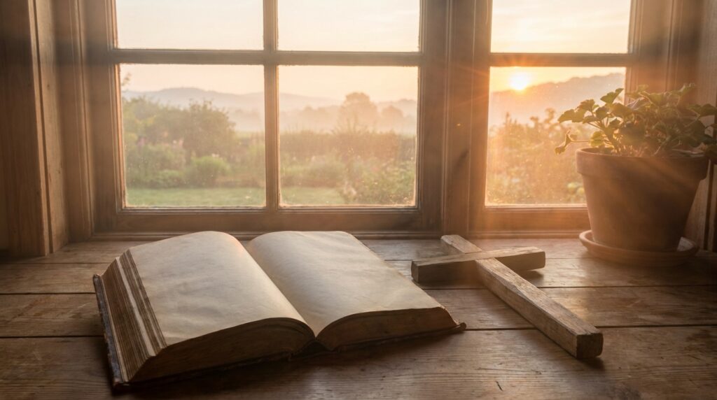 Biblia abierta con cruz de madera y luz del amanecer, identidad en Cristo