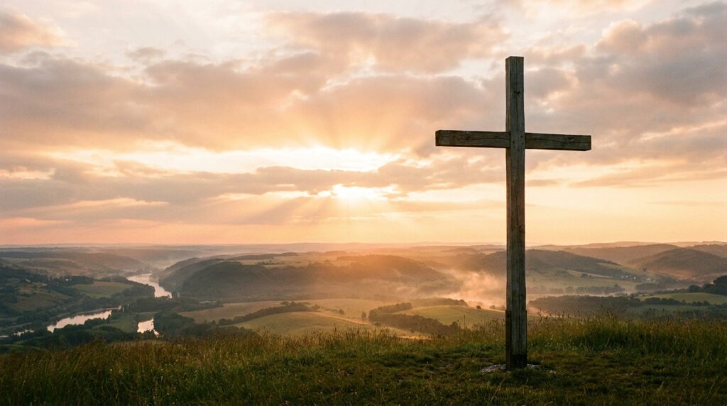 Jesús dio su vida por nosotros: cruz en una colina al amanecer