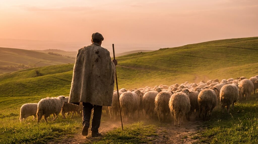Jesús el buen pastor: pastor guiando a sus ovejas al atardecer