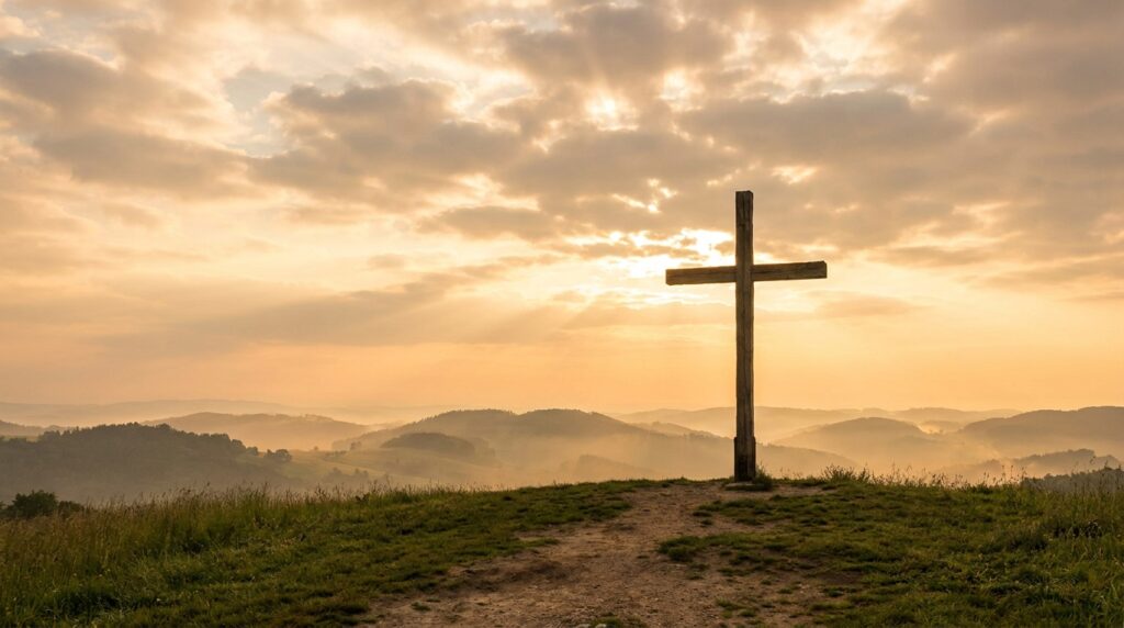 Cruz de madera en una colina al amanecer, Jesús es mi amigo, mi rey y mi esperanza