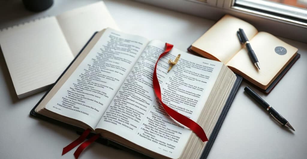 Biblia abierta con un separador de cinta sobre un escritorio junto a un cuaderno
