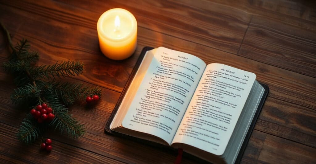 Biblia abierta junto a una vela y una ramita de pino, ambiente navideño cálido