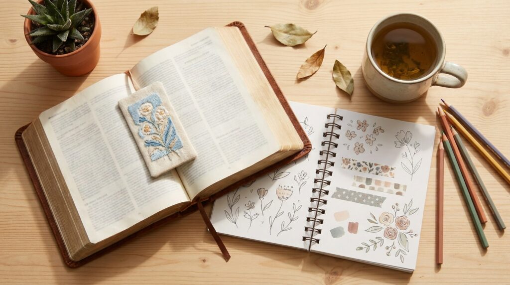 Notas de estudio bíblico: Biblia abierta, cuaderno y lápices de colores en el escritorio