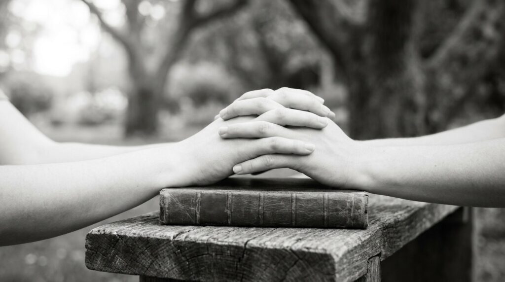 Noviazgo cristiano: manos entrelazadas de pareja sobre una Biblia
