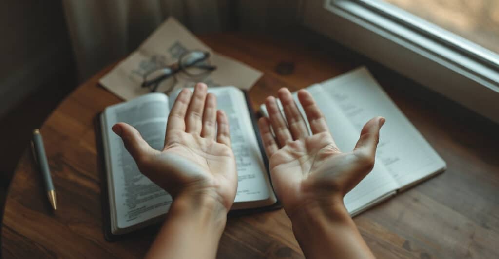 Manos abiertas y vacías sobre una mesa junto a una Biblia y un cuaderno