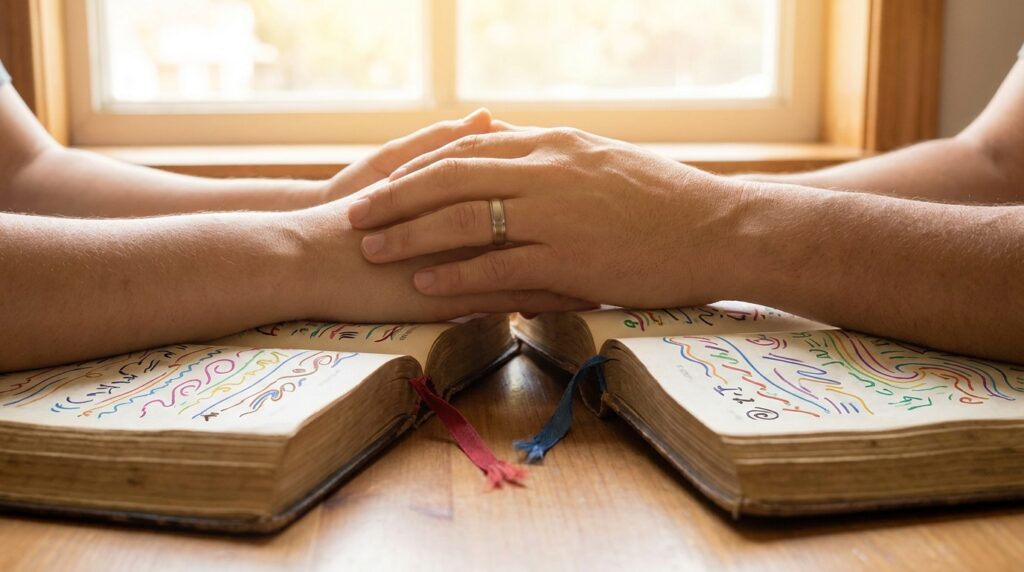 Orar en pareja: manos unidas sobre dos Biblias abiertas subrayadas