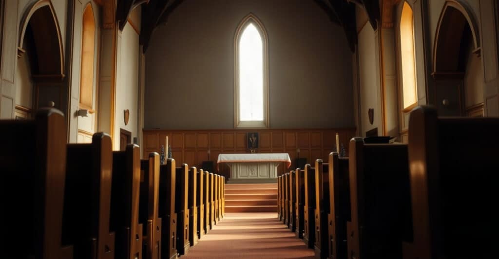 Interior de un templo con luz de un ventanal, para orar por los ministerios de la iglesia