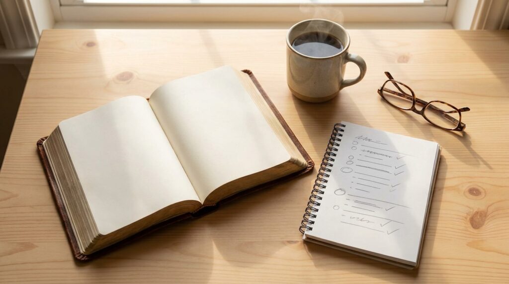 Plan de 14 días para acercarte a Dios: Biblia abierta, cuaderno y café en la mañana