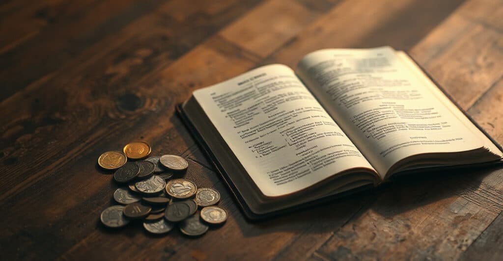 Unas monedas antiguas y una Biblia abierta sobre una mesa de madera