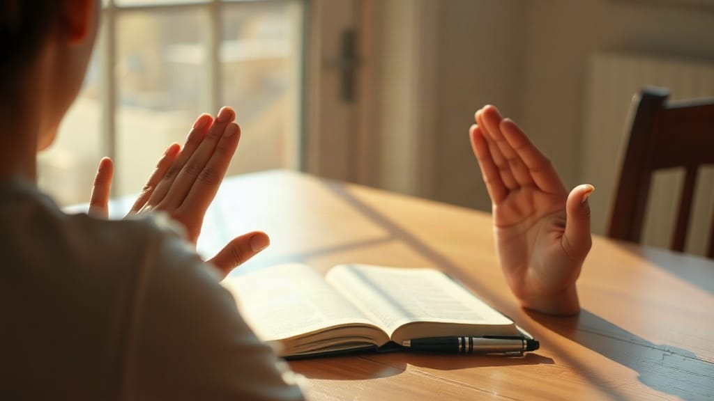 Manos en oración con cuaderno, sabiduría bíblica sobre las deudas