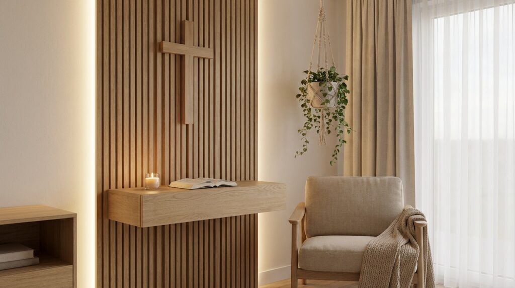 Rincón de oración en casa con Biblia abierta, vela y cruz sencilla