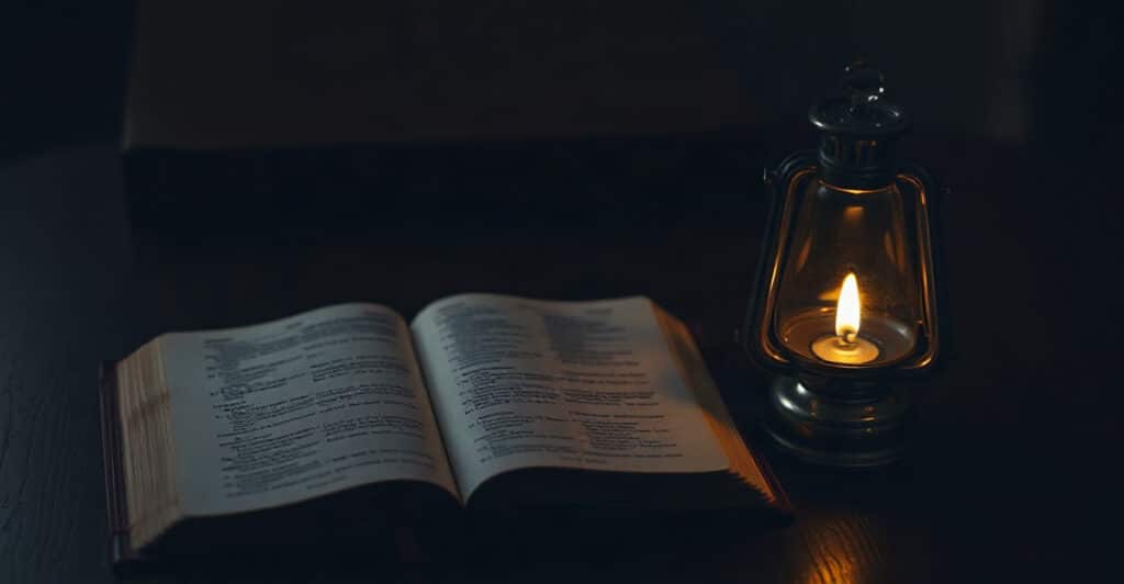 Una Biblia gastada abierta junto a una lámpara de aceite en una mesa oscura de noche