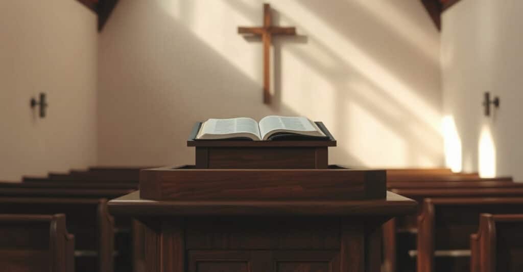 Púlpito de madera con una Biblia abierta bajo un haz de luz en un templo vacío