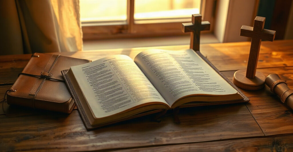Biblia abierta con cruz de madera, temas para predicar a hombres cristianos