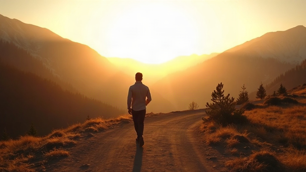Camino de montaña al amanecer, fortaleza espiritual para hombres cristianos