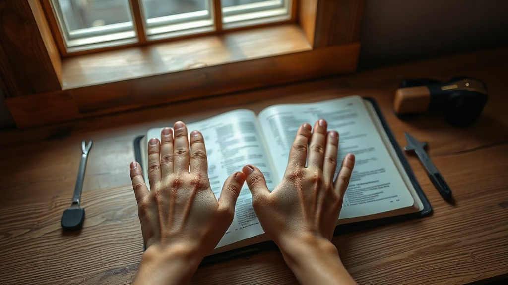 Manos y Biblia sobre madera, liderazgo cristiano del hogar