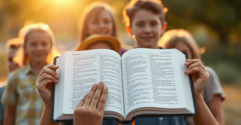 Manos jóvenes sosteniendo una Biblia abierta al aire libre a la hora dorada