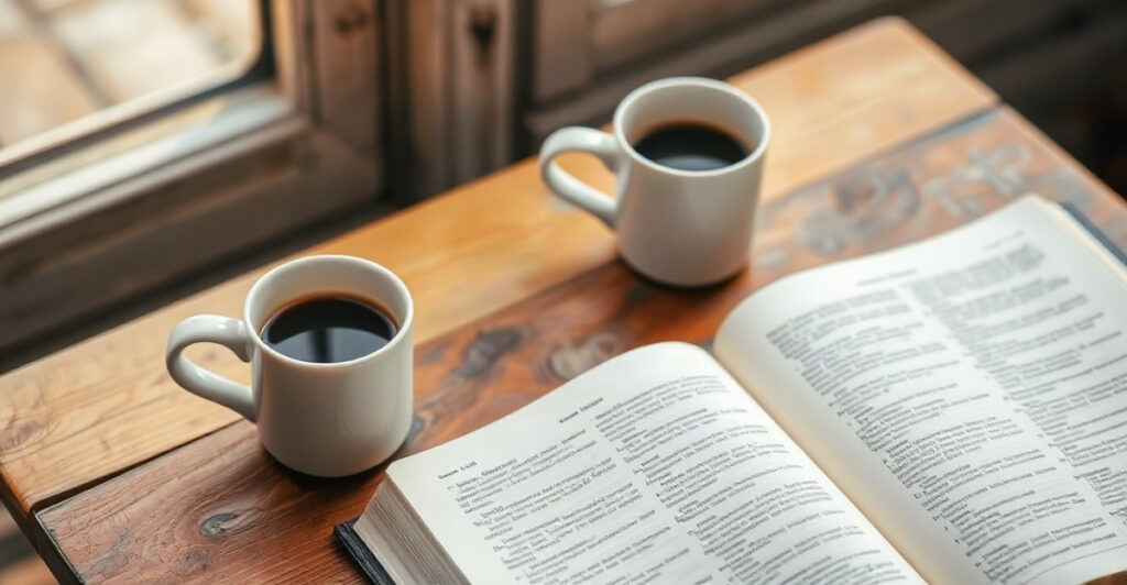 Dos tazas y una Biblia abierta, temas para predicar a matrimonios cristianos