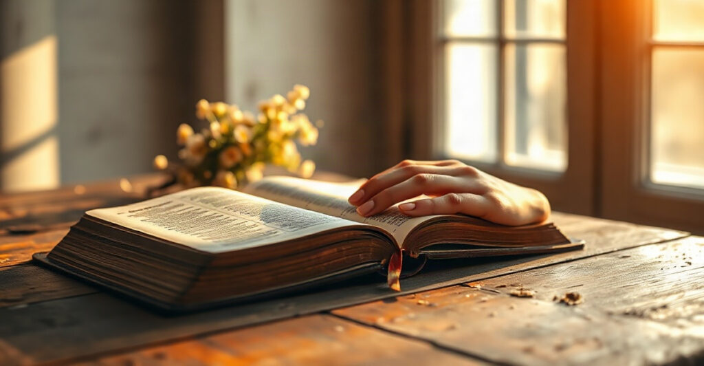 Biblia abierta con luz cálida, temas para predicar a mujeres cristianas
