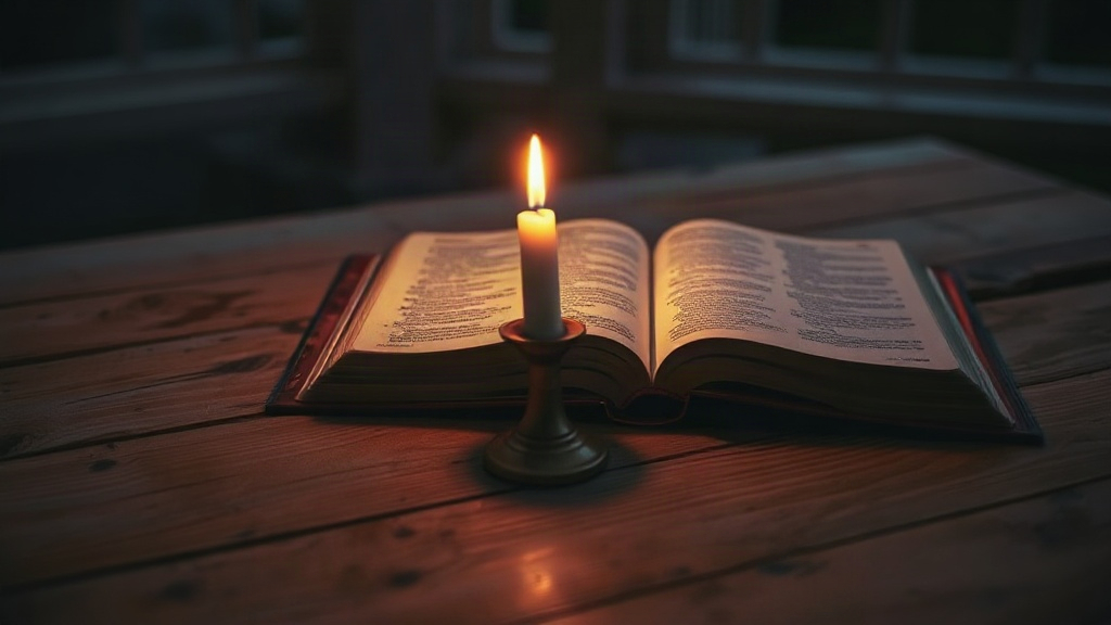 Vela encendida junto a una Biblia, oración en familia